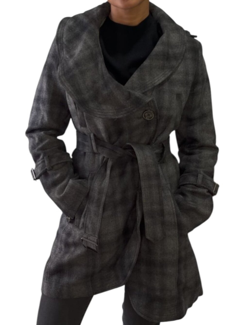 GUESS Wool Blend Belted Coat Grey Plaid Wide Collar Wrap Front Trench Details Si